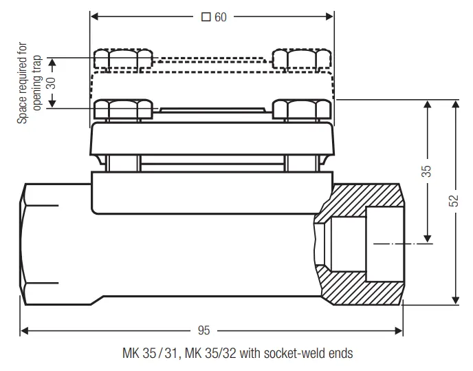 MK35-32 kondenstop alternatif teknik çizimi – Bağlantı ölçülerinin farklı görünümü