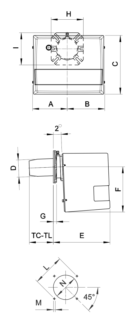 G 0S 2001, G 0SR 2001, G 0H 2001, G 0HR 2001, G 1S 2001, G 1H 2001, G 1HR 2001, G 2S MAXI, G 2S MAXI TL, G 2H MAXI, G 2H MAXI TL tek kademeli motorin brülörlerinin kesit yapısı, bağlantı noktaları ve montaj ölçülerini gösteren teknik görsel