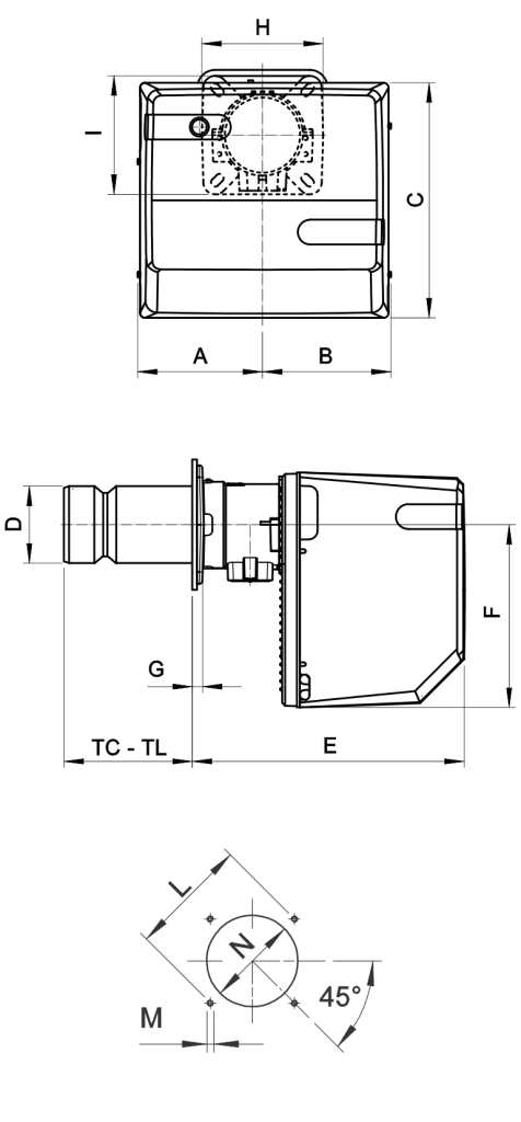 G X3S TC, G X3S TL, G X3H TC, G X3H TL, G X4S TC, G X4S TL, G X4H TC, G X4H TL, G X5S TC, G X5S TL, G X5H TC, G X5H TL tek kademeli motorin brülörlerinin montaj ve bağlantı ölçülerini gösteren teknik şema